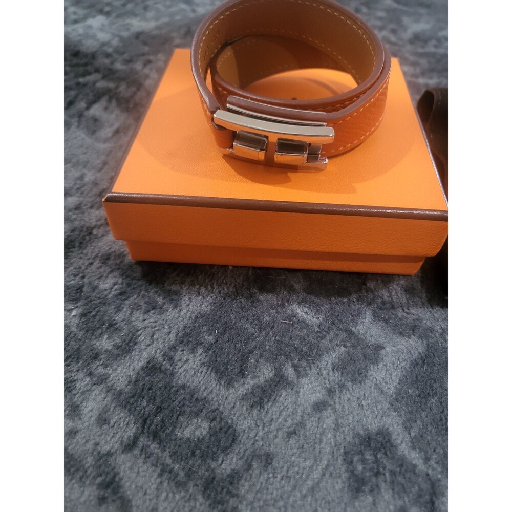 Hermes Drag Double‎ Tour Bangle Bracelet Orange Leather Silver-tone...Authentic